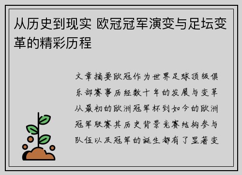 从历史到现实 欧冠冠军演变与足坛变革的精彩历程