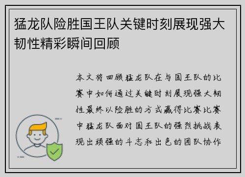 猛龙队险胜国王队关键时刻展现强大韧性精彩瞬间回顾