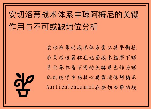 安切洛蒂战术体系中琼阿梅尼的关键作用与不可或缺地位分析