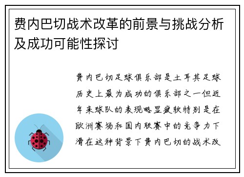 费内巴切战术改革的前景与挑战分析及成功可能性探讨