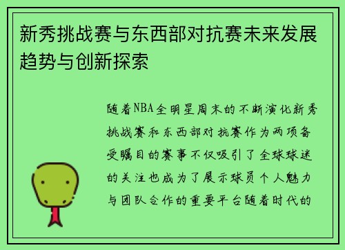 新秀挑战赛与东西部对抗赛未来发展趋势与创新探索